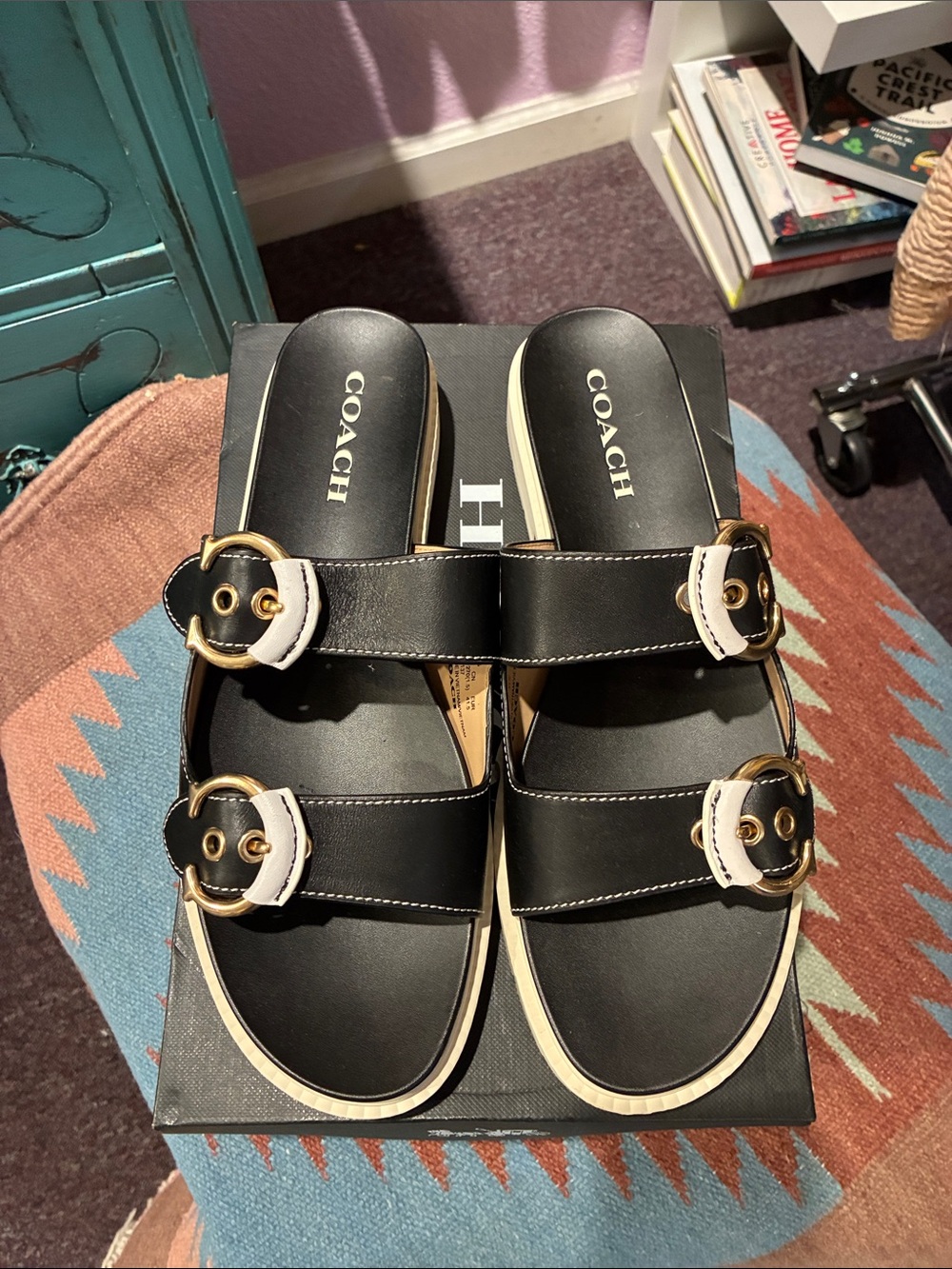 COACH Piper Black Leather Double Buckle Slide Sandals C2965 Women 11 B